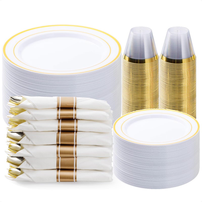 BESTVIP 350PCS Gold Plastic Dinnerware Set Disposable Party Plates for 50 Guests Include 100 Plastic Plates 50 Pre Rolled Napkins with Gold Silverware 50 Cups