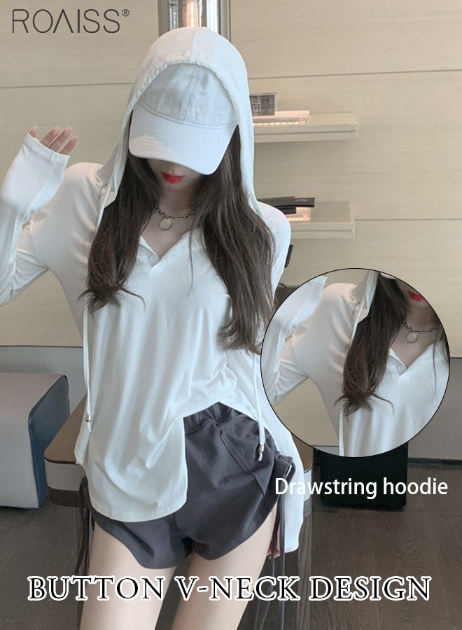 roaiss Casual Loose Hoodie For Women'S Daily Commuting Versatile Long-Sleeved V-Neck Top Adjustable Drawstring Side Slit Pullover - Image 5