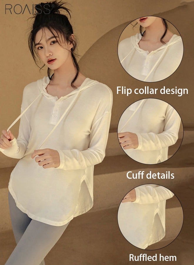 roaiss Casual Loose Hoodie For Women'S Daily Commuting Versatile Long-Sleeved V-Neck Top Adjustable Drawstring Side Slit Pullover - Image 2