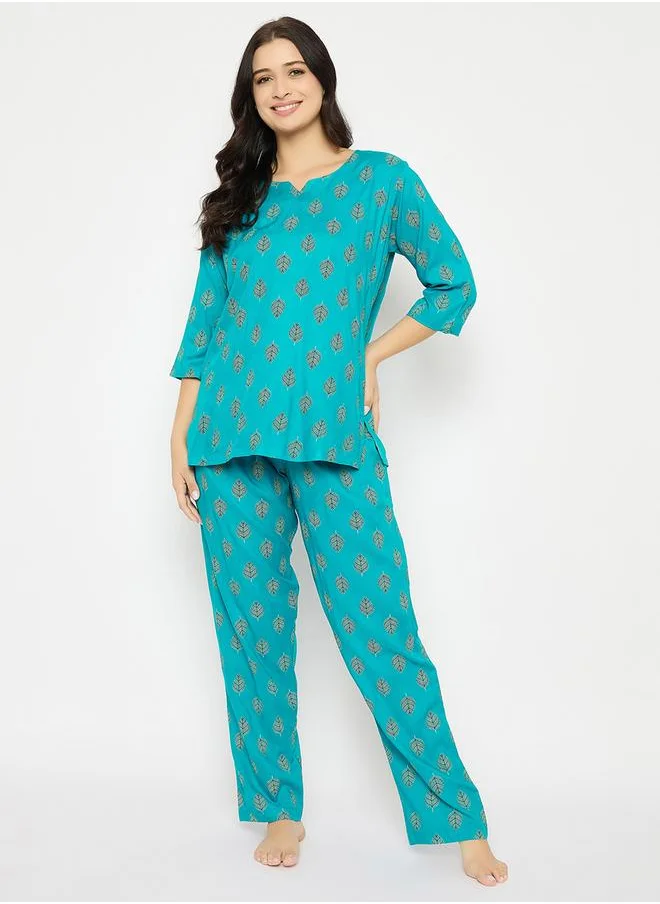 Clovia Clovia Leaf Print Notch Neck Top and Pyjama Set