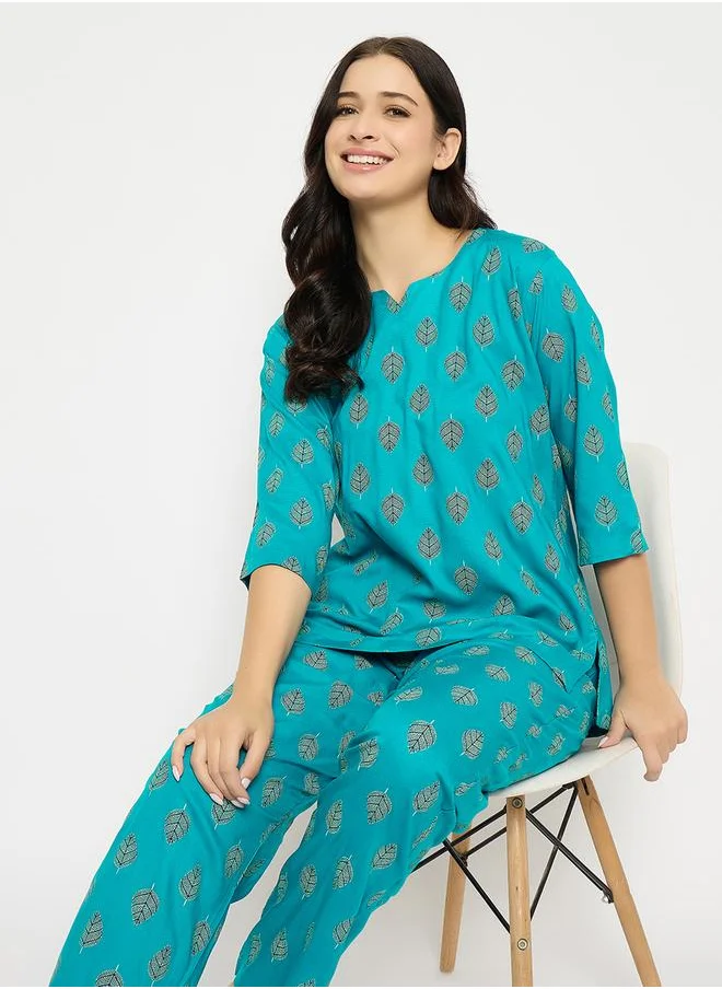 Clovia Clovia Leaf Print Notch Neck Top and Pyjama Set