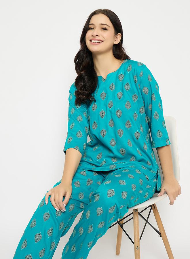 Clovia Leaf Print Notch Neck Top and Pyjama Set - Image 1