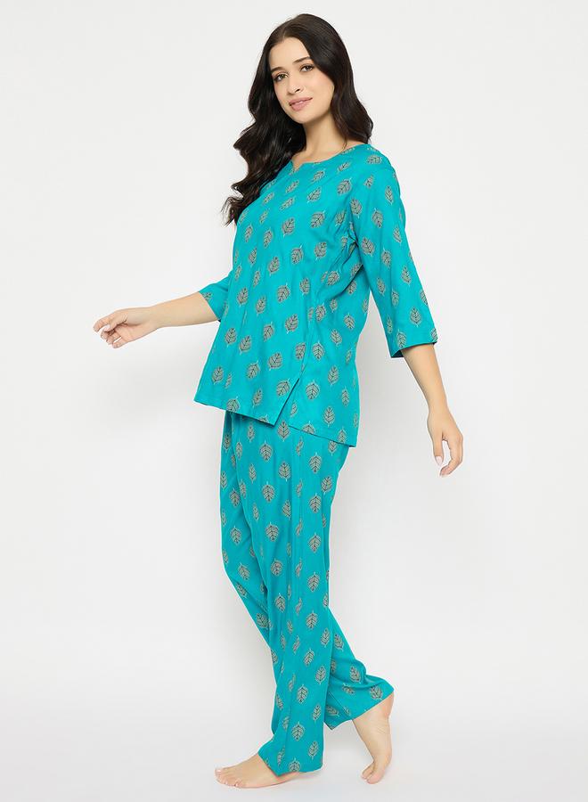 Clovia Leaf Print Notch Neck Top and Pyjama Set - Image 4