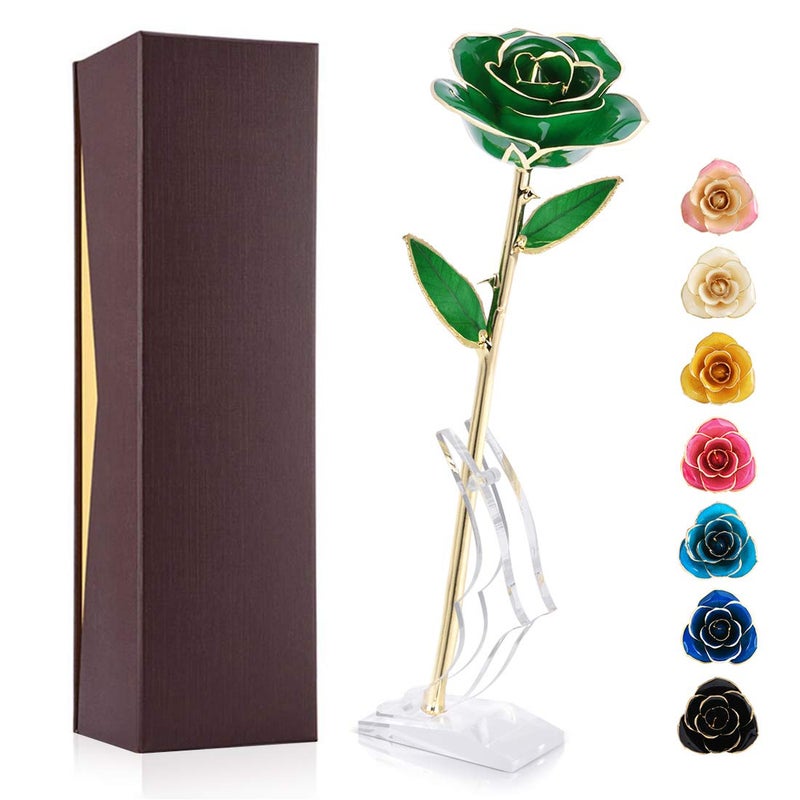 Ejoyous Ejoyous 24K Gold Dipped Real Rose Flower  Golden Rose Best Friend Romantic Love for Girlfriend Confidante Wife Grandma on Birthday Sweetest Day Halloween Thanksgiving Christmas  Green  - Image 1