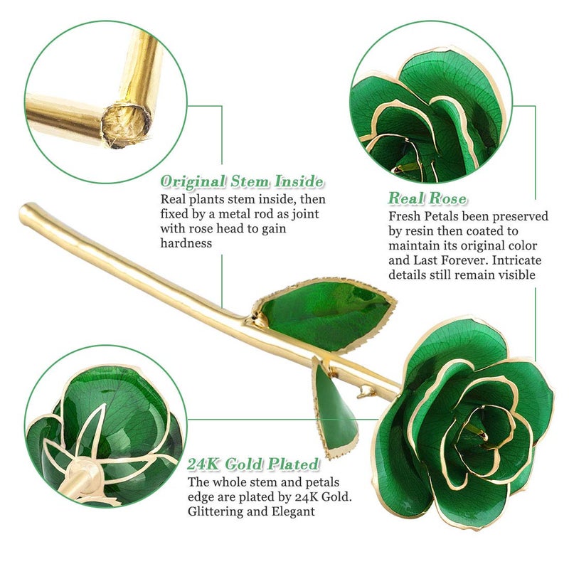 Ejoyous Ejoyous 24K Gold Dipped Real Rose Flower  Golden Rose Best Friend Romantic Love for Girlfriend Confidante Wife Grandma on Birthday Sweetest Day Halloween Thanksgiving Christmas  Green  - Image 2
