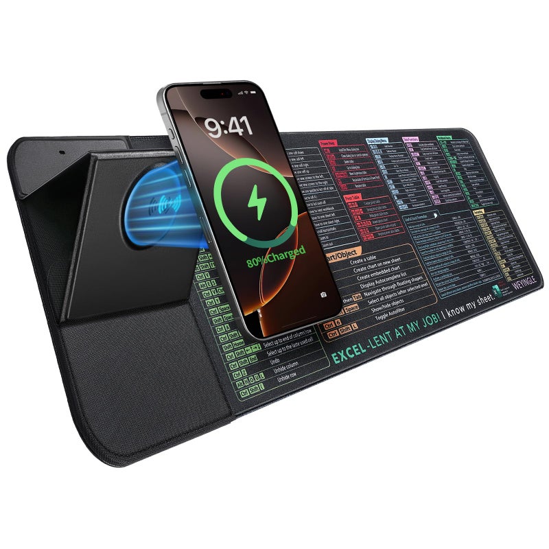 WeYingLe Excel Shortcut Keys with Wireless Charging Phone Holder Gaming Mousepad Desk Mat 15W Qi Smooth Surface Non-Slip Extended Computer Keyboard Mat for MacBook PC Laptop - Image 1