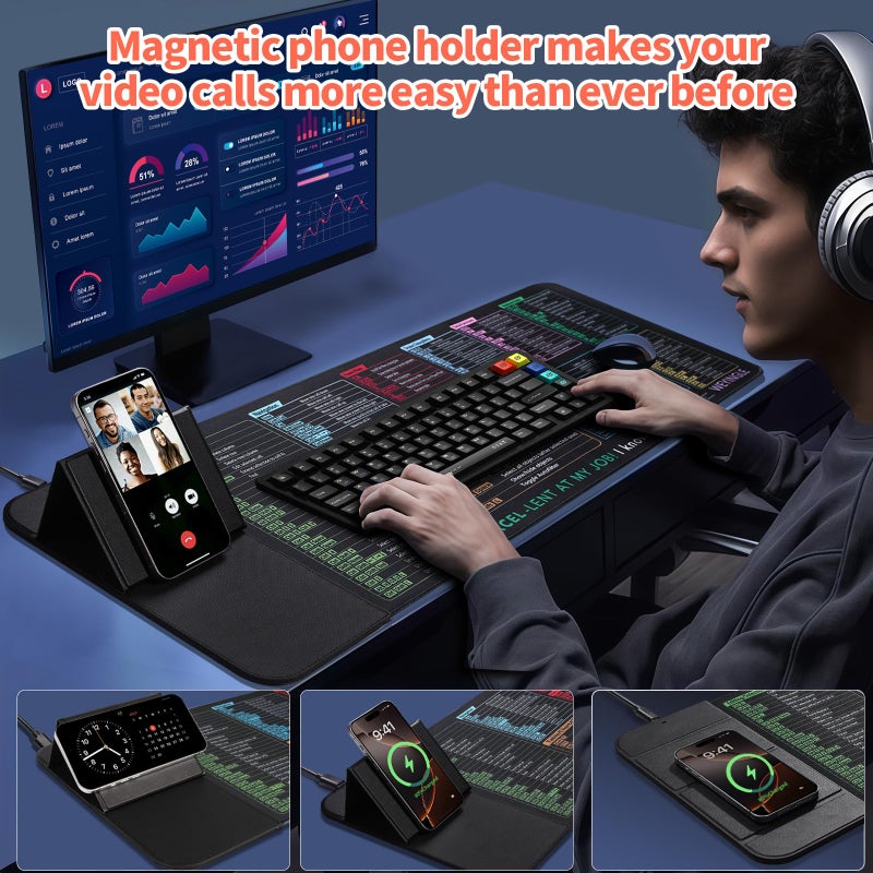 WeYingLe Excel Shortcut Keys with Wireless Charging Phone Holder Gaming Mousepad Desk Mat 15W Qi Smooth Surface Non-Slip Extended Computer Keyboard Mat for MacBook PC Laptop - Image 3