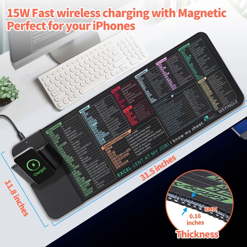 WeYingLe Excel Shortcut Keys with Wireless Charging Phone Holder Gaming Mousepad Desk Mat 15W Qi Smooth Surface Non-Slip Extended Computer Keyboard Mat for MacBook PC Laptop - Image 2