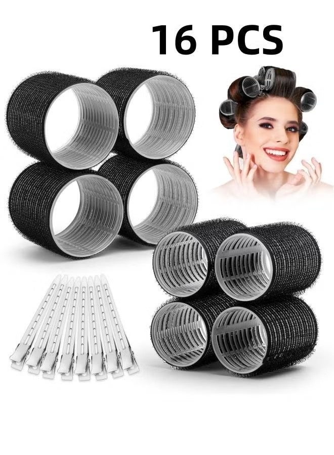 مجموعة بكرات الشعر ذاتية التثبيت مكونة من 16 قطعة، تتضمن 8 بكرات شعر بمقاسين (4 جامبو و4 كبير) و8 مشابك شعر للشعر الطويل والمتوسط ​​والقصير والكثيف والناعم والخفيف (أسود). - Image 1