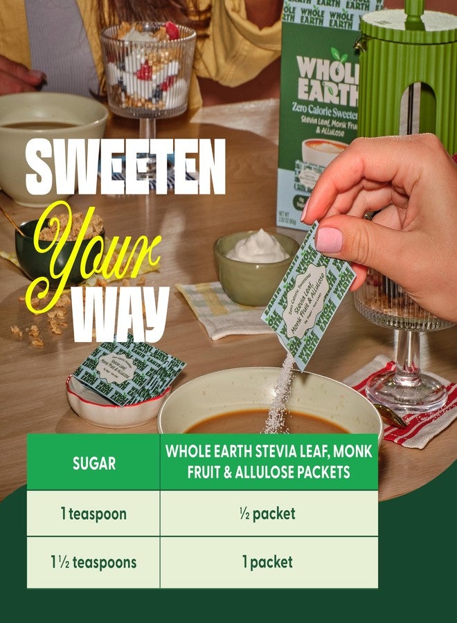 Whole Earth Stevia, Monk Fruit & Allulose 80ct Packets, Zero Calorie Sugar Substitute, Keto-Friendly, Non-GMO, No Erythritol, Erythritol-Free, 80 Count, 1-pack - Image 3