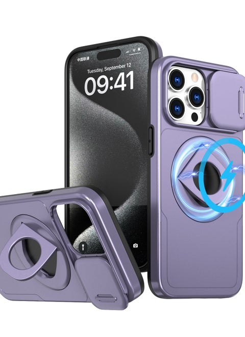 iPhone15 Pro Max Magnetic Case, Shockproof Protection Cover with Lens Cap and Invisible Stand, Matte Slim Phone Case (Gray/Purple)