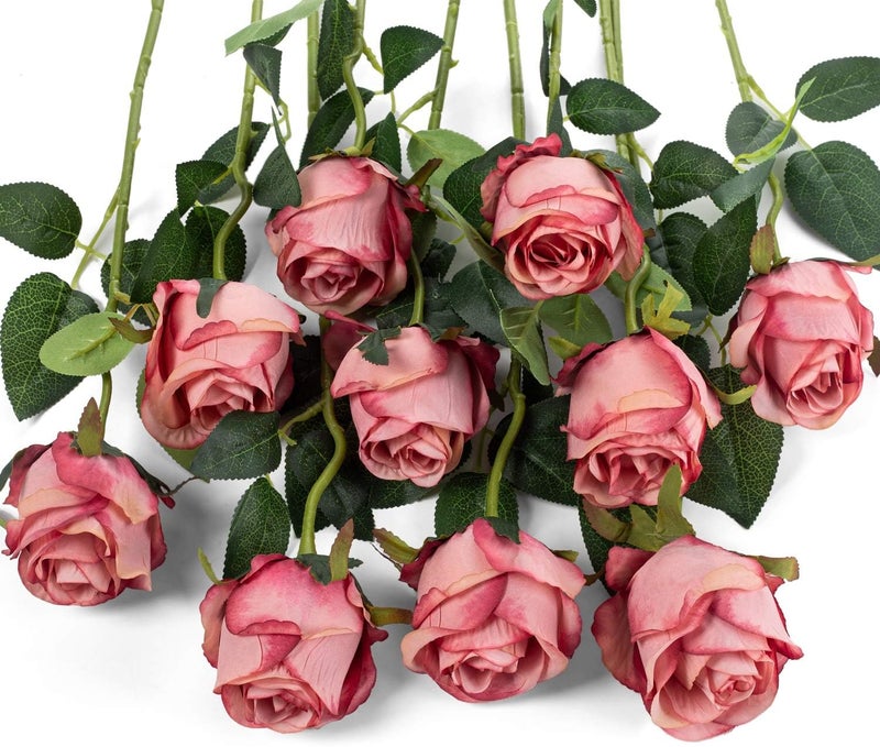 Flojery 10 زهرة ورد صناعية ذات ساق طويلة من الحرير الصناعي لحفلات الزفاف DIY وباقة الزهور ومركز الطاولة وديكور المنزل (أحمر وردي) - Image 1