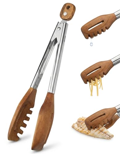 Boxiki Kitchen 3in1 Kitchen Tongs Pasta Server 12 Inch Walnut Multifunction Tongs with Slotted Forked Flat Tips for Pasta Salad Cooking and More Elegant HeatResistant Food Tongs for Home Cooks Chefs - Image 1