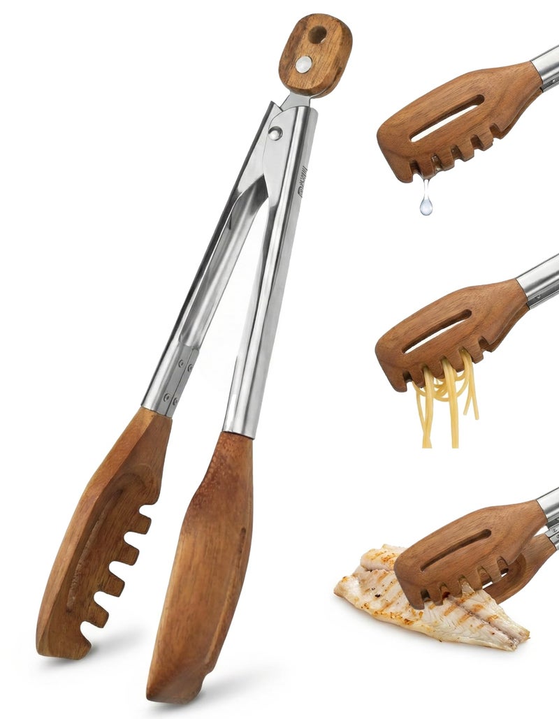 Boxiki Kitchen 3in1 Kitchen Tongs Pasta Server 12 Inch Walnut Multifunction Tongs with Slotted Forked Flat Tips for Pasta Salad Cooking and More Elegant HeatResistant Food Tongs for Home Cooks Chefs - Image 2