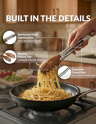 Boxiki Kitchen 3in1 Kitchen Tongs Pasta Server 12 Inch Walnut Multifunction Tongs with Slotted Forked Flat Tips for Pasta Salad Cooking and More Elegant HeatResistant Food Tongs for Home Cooks Chefs - Image 3