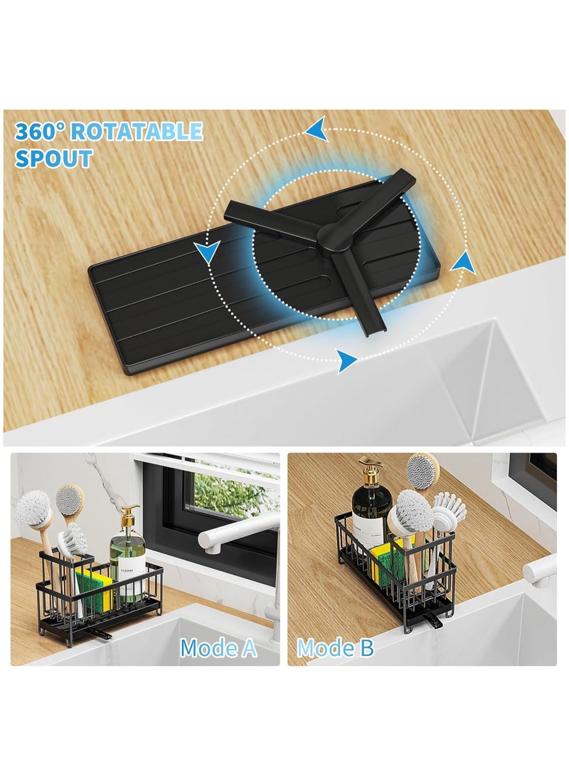 Sunspire Kitchen Sink Sponge Rack with Drain Tray,Sink Organiser with High Brush Holder,Kitchen Countertop Organiser and Storage Essentials,Rustproof 304 Stainless Steel,Soap Dispenser (Black) - Image 2