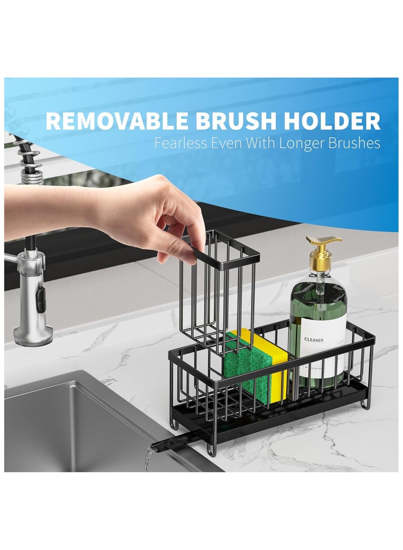 Sunspire Kitchen Sink Sponge Rack with Drain Tray,Sink Organiser with High Brush Holder,Kitchen Countertop Organiser and Storage Essentials,Rustproof 304 Stainless Steel,Soap Dispenser (Black) - Image 3