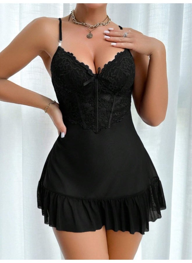 MHD 2pcs Set: Fishbone Style Cinch Waist Lace Cami Nightgown & Wide Sleeve Mesh Robe - Image 4