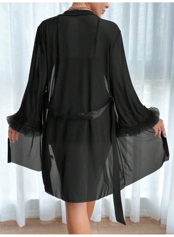 MHD 2pcs Set: Fishbone Style Cinch Waist Lace Cami Nightgown & Wide Sleeve Mesh Robe - Image 3