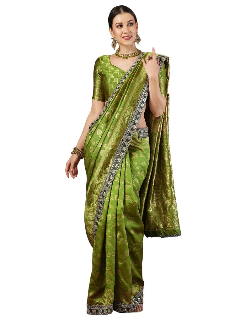 SIRIL Women's Soft Silk Banarasi Saree with Unstitched blouse Piece (4032S666_Green) - Image 1