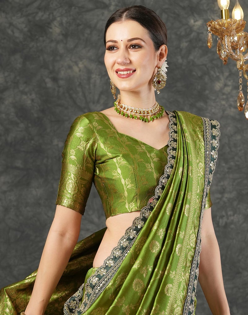 SIRIL Women's Soft Silk Banarasi Saree with Unstitched blouse Piece (4032S666_Green) - Image 4