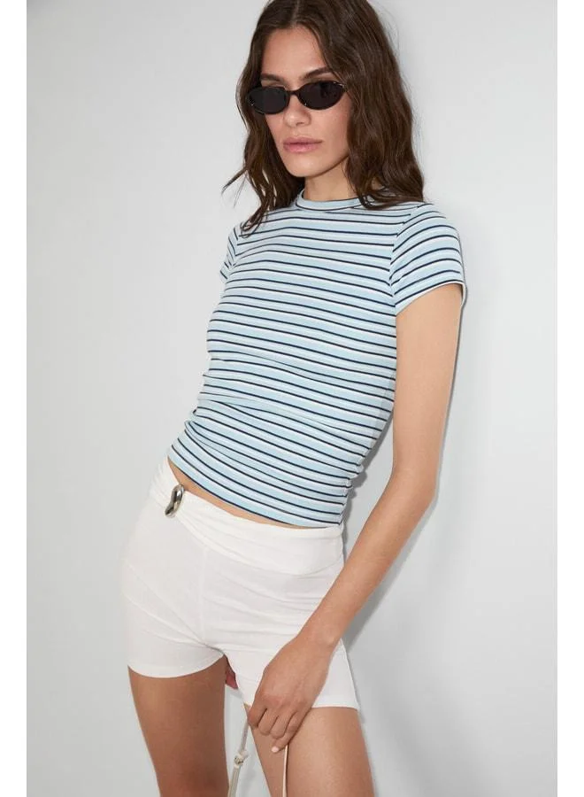 GRIMELANGE HOPEWELL Women's Round Neck Knit Slim Fit Blue Striped T-Shirt.