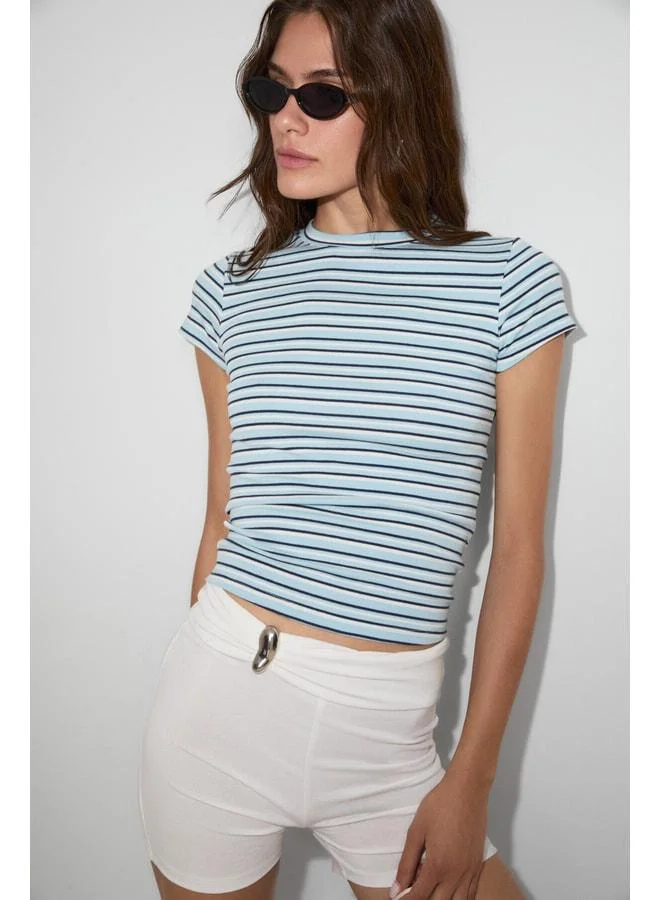 GRIMELANGE HOPEWELL Women's Round Neck Knit Slim Fit Blue Striped T-Shirt.