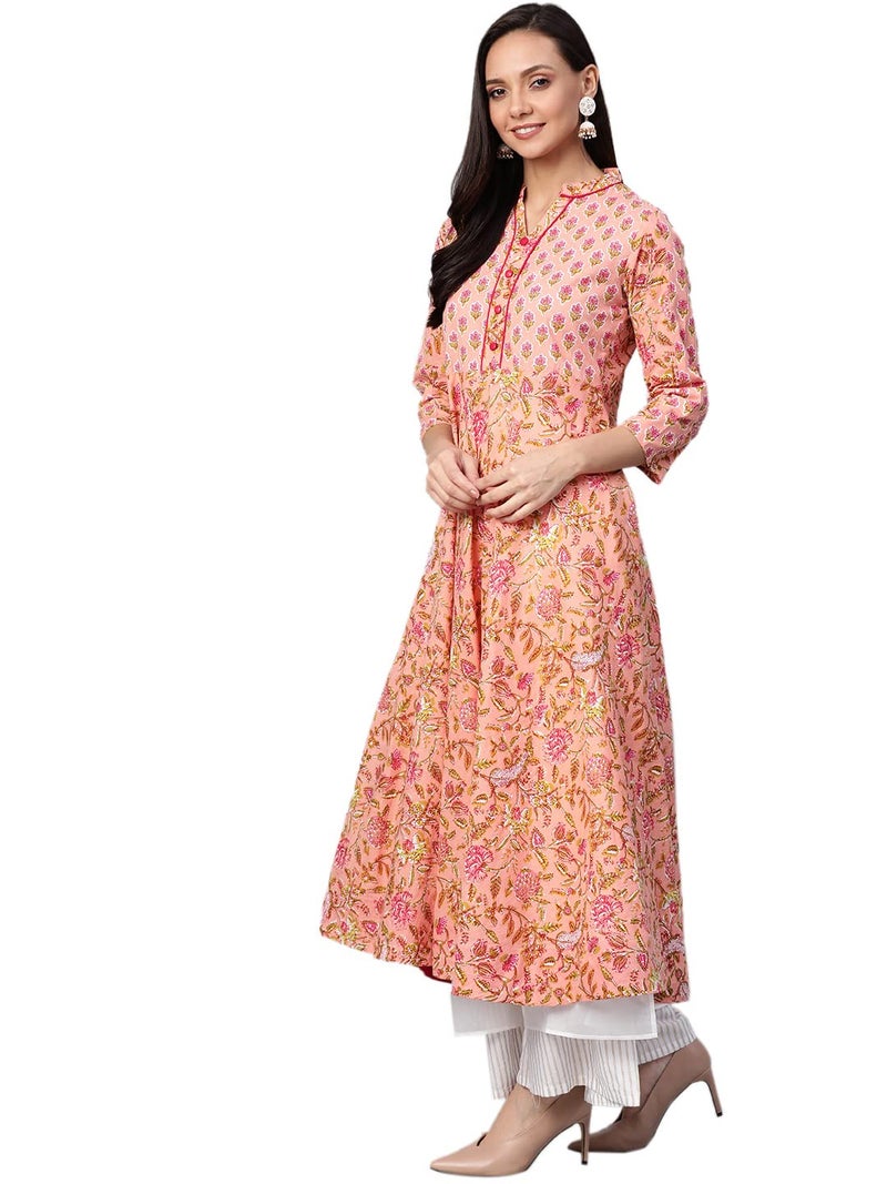 Yash Gallery Women's Plus Size Cotton Floral Printed Regular Fit Anarkali Kurta for Women (1188YKPINK_Pink_XXXX-Large) - Image 2