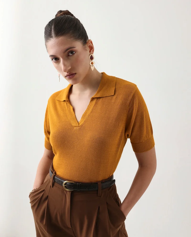 Rareism Rareism Women Basel Yellow Cotton Linen Fabric Short Sleeve Polo Collar Plain Polo