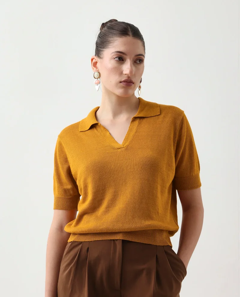 Rareism Rareism Women Basel Yellow Cotton Linen Fabric Short Sleeve Polo Collar Plain Polo