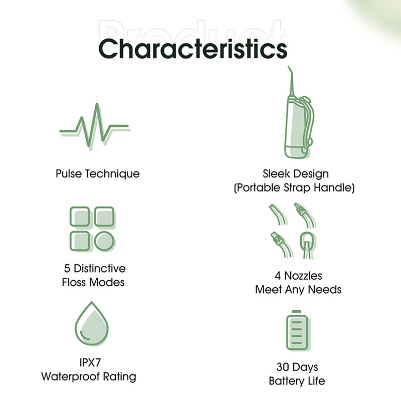 Water Flosser: 200ml Green Water Tank, 5 Adjustable Modes With Unique Sensitive Mode - IPX7 Waterproof, 4 Nozzles, Intelligent Timing For Sensitive Gums Oral Hygiene & Gum Health - Image 4