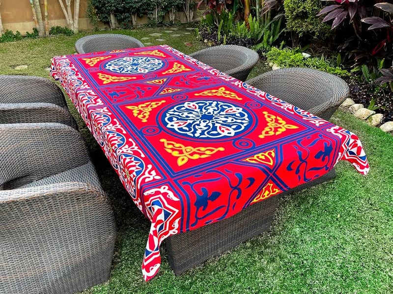 Traditional Egyptian Khayamiya Decorative Tablecloth, Red and Blue Pattern, Indoor and Outdoor Dining, Great for all Occasions, Perfect for Ramadan Iftar Gatherings, Table Cover Size 140x250cm.
