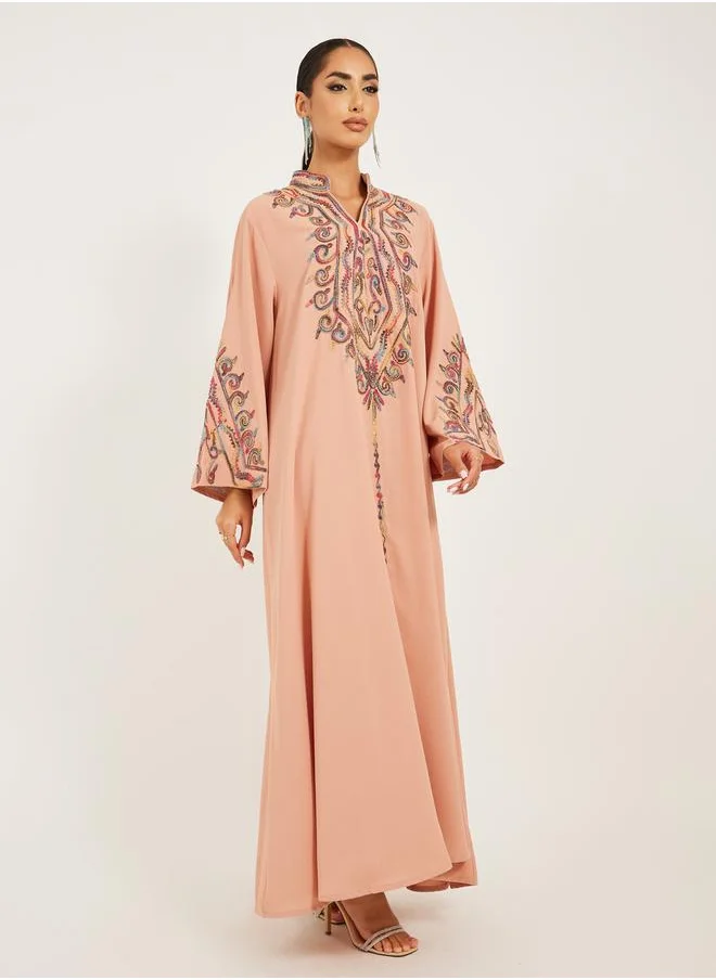 ستايلي Embroidered Stand Collar A-Line Jalabiya