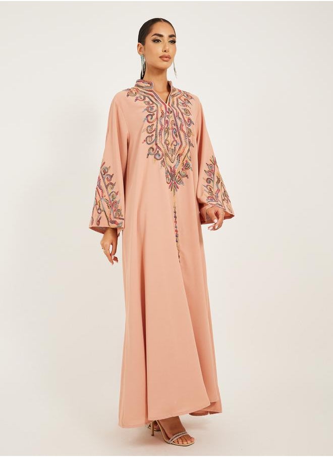 Styli Embroidered Stand Collar A-Line Jalabiya  - Image 1