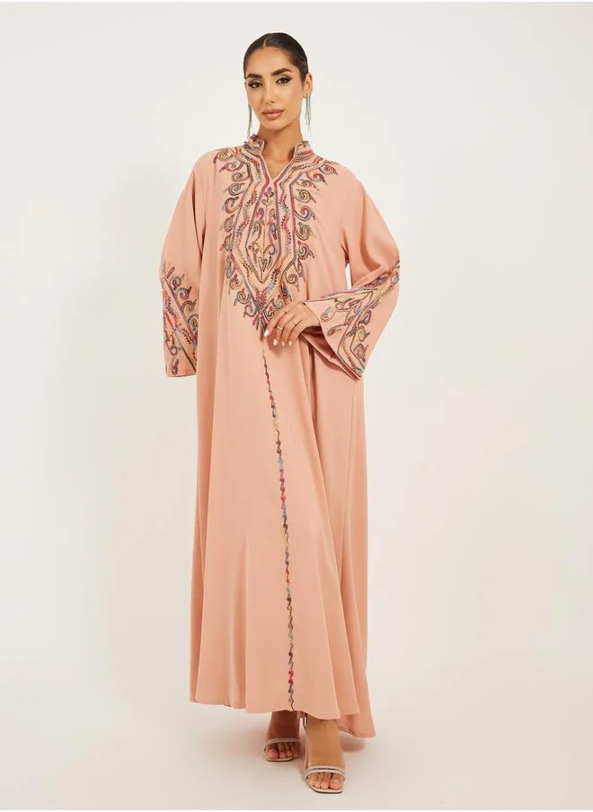 ستايلي Embroidered Stand Collar A-Line Jalabiya