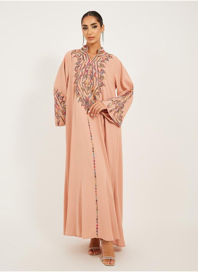 Styli Embroidered Stand Collar A-Line Jalabiya  - Image 2
