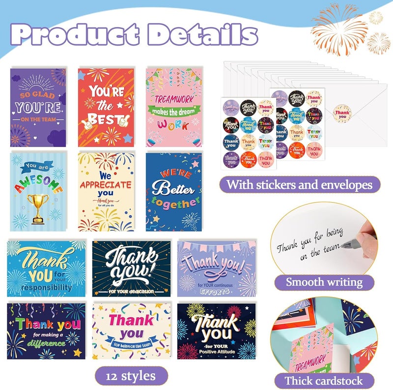 Konsait 24 Sheets Employee Appreciation Cards with Envelopes Stickers 12 Designs Thank You Cards for Employees Appreciation Work Anniversary 6x4 in Staff Appreciation Cards - Image 3