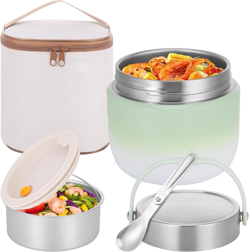 1.5L double-layer stainless steel insulated Food Tank (with folding spoon and storage bag) Green - Image 1