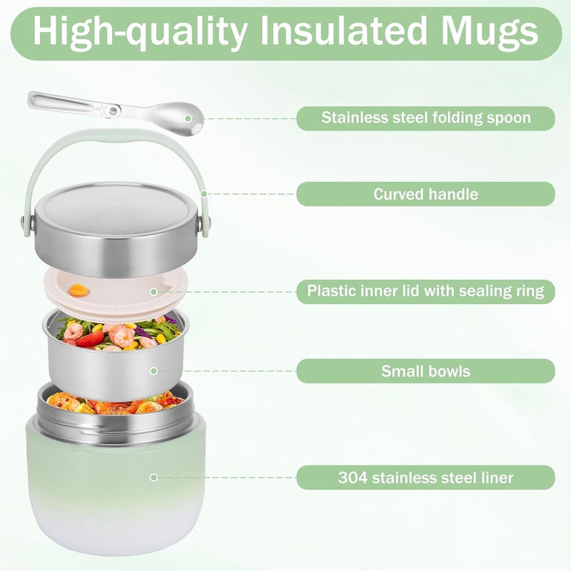 1.5L double-layer stainless steel insulated Food Tank (with folding spoon and storage bag) Green - Image 2