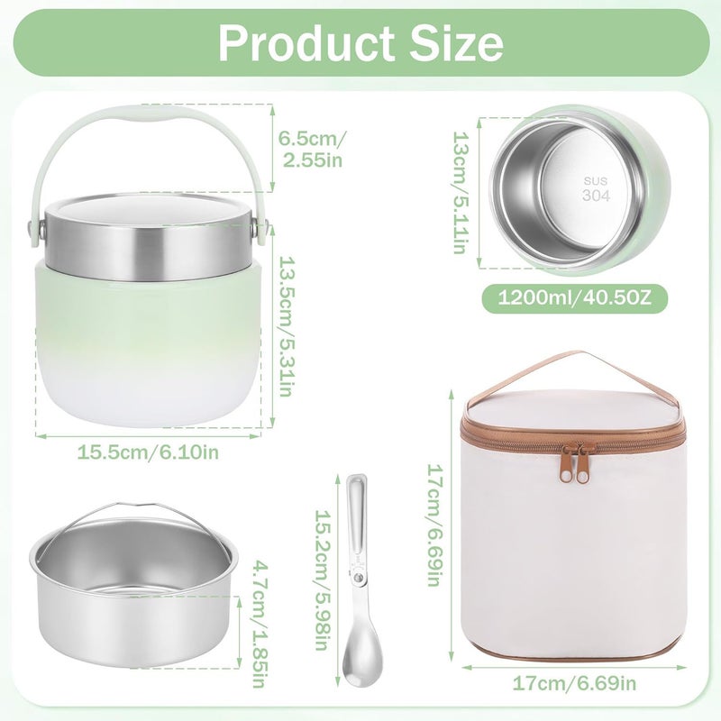 1.5L double-layer stainless steel insulated Food Tank (with folding spoon and storage bag) Green - Image 3