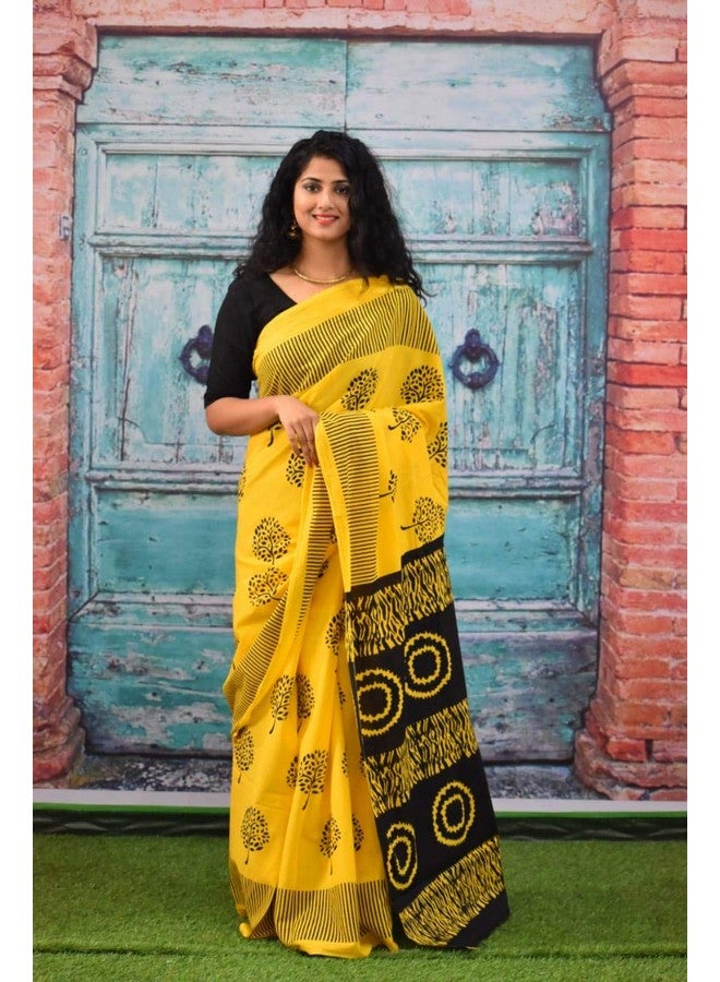 Kiaaron Women's Hand Block Kalamkari Batik Bagru Jaipuri Ikat Printed Handloom Pure Cotton Mulmul Traditional Ethnic Cotton Sarees With Printed Blouse Piece - Yellow_Black - Image 2