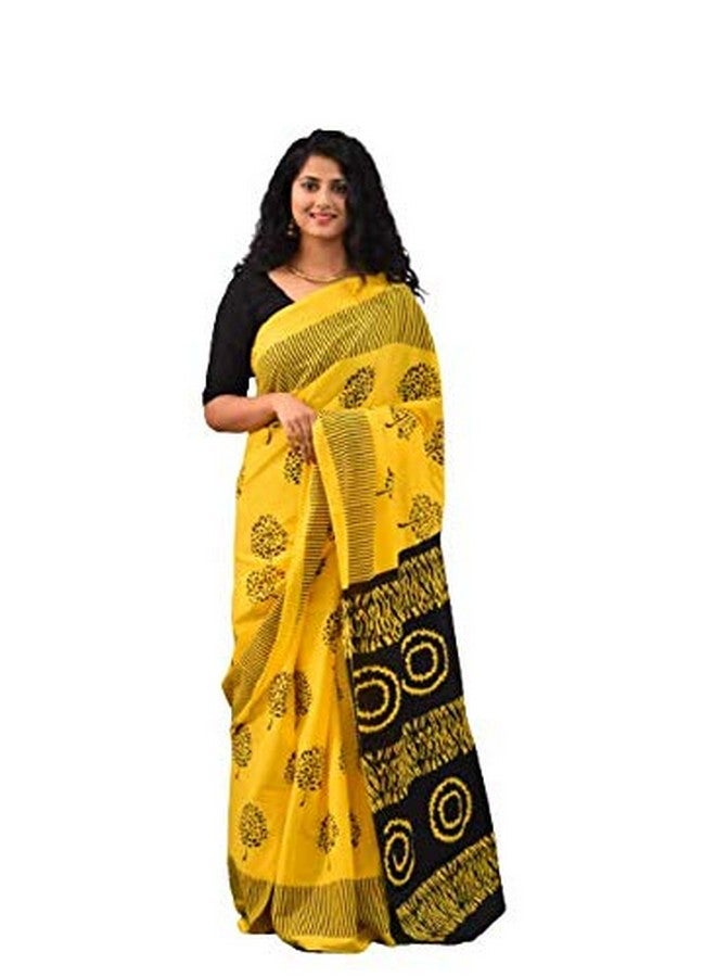 Kiaaron Women's Hand Block Kalamkari Batik Bagru Jaipuri Ikat Printed Handloom Pure Cotton Mulmul Traditional Ethnic Cotton Sarees With Printed Blouse Piece - Yellow_Black - Image 1