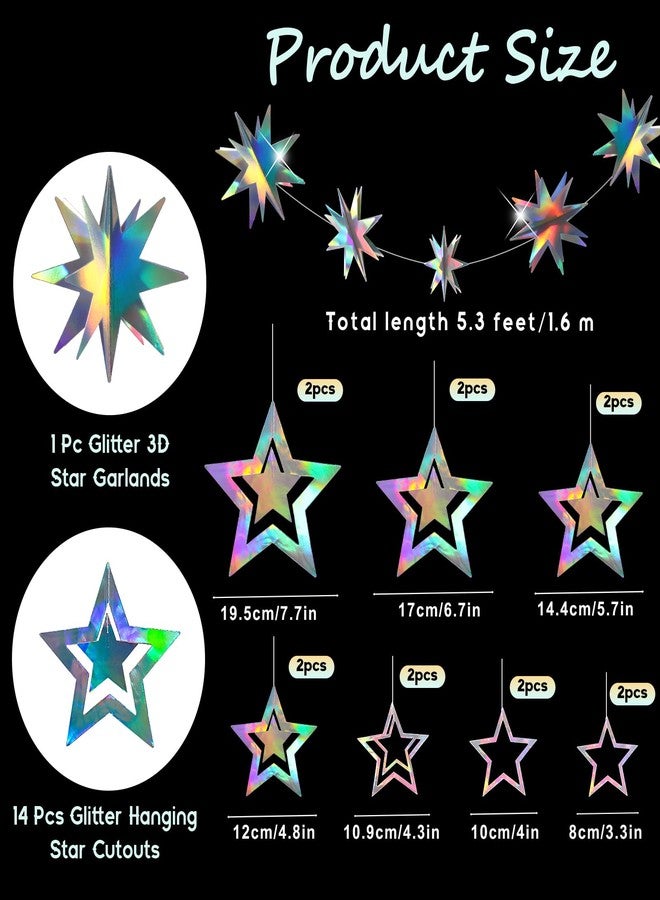 Matwsec Hanging Stars Decorations 5.25ft Star Garland Decorations Holographic Star Banner Glitter Stars Garland for Birthday Theme Party Graduation Supplies Christmas Decor - Image 3