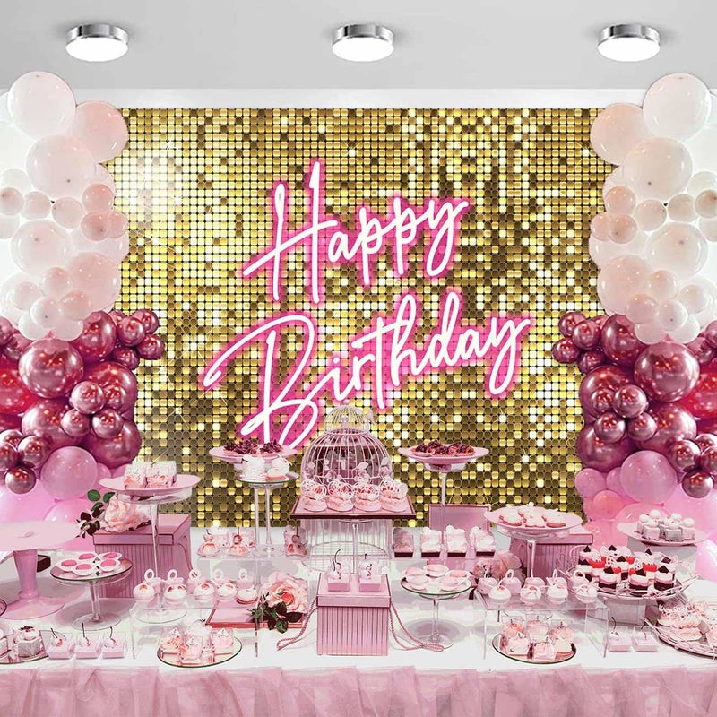 Sensfun Gold Flash Pink Neon Happy Birthday Backdrop for Photography Shining Sequins Shimmer Wall Bday Background Princess Girls Women Birthday Party Decorations Banner Photo Studio Props 7x5ft - Image 5