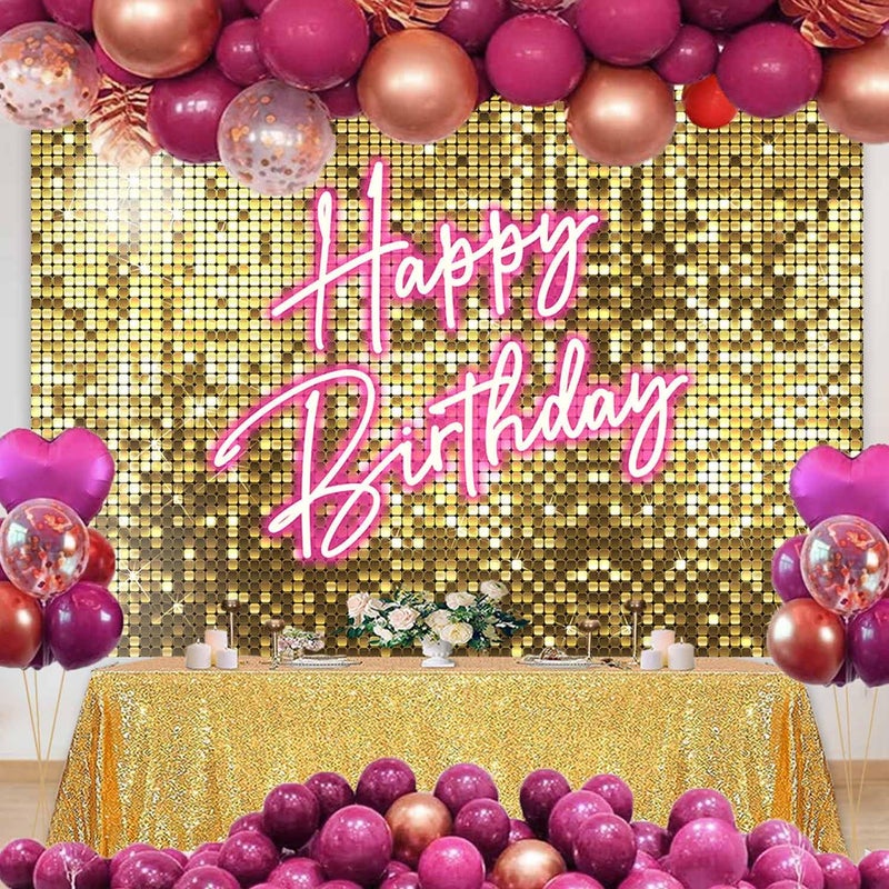 Sensfun Gold Flash Pink Neon Happy Birthday Backdrop for Photography Shining Sequins Shimmer Wall Bday Background Princess Girls Women Birthday Party Decorations Banner Photo Studio Props 7x5ft - Image 3