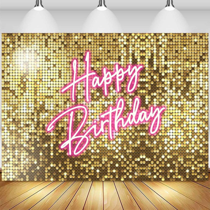Sensfun Gold Flash Pink Neon Happy Birthday Backdrop for Photography Shining Sequins Shimmer Wall Bday Background Princess Girls Women Birthday Party Decorations Banner Photo Studio Props 7x5ft - Image 1