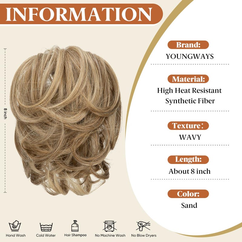 youngways Claw Clip Short Ponytail Messy Bun Hair Piece Bendable Hair Branch Extensions Fluffy Wavy Curly Synthetic Versatile Sand Hairpieces - Image 3