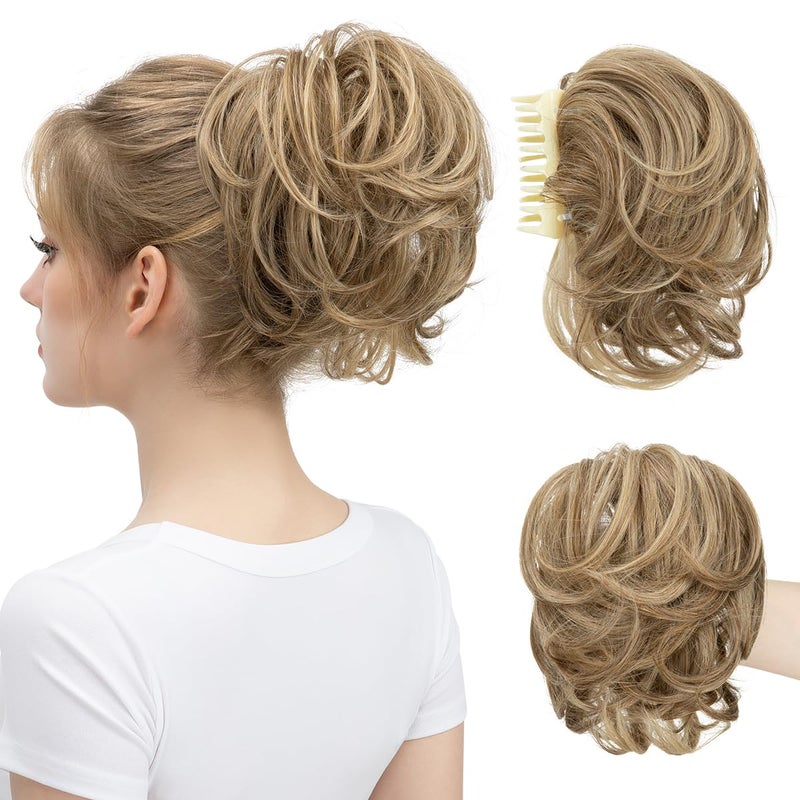 youngways Claw Clip Short Ponytail Messy Bun Hair Piece Bendable Hair Branch Extensions Fluffy Wavy Curly Synthetic Versatile Sand Hairpieces - Image 1