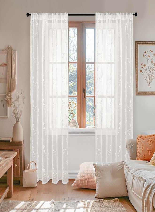 YoungsTex 84 Inch Length Semi Sheer Curtains for Living Room 2 Panels - Rod Pocket White Drapes Light Filtering with Embroidered Lace Floral Rustic Window Treatments for Bedroom Dining, 52 X 84 Inch - Image 2