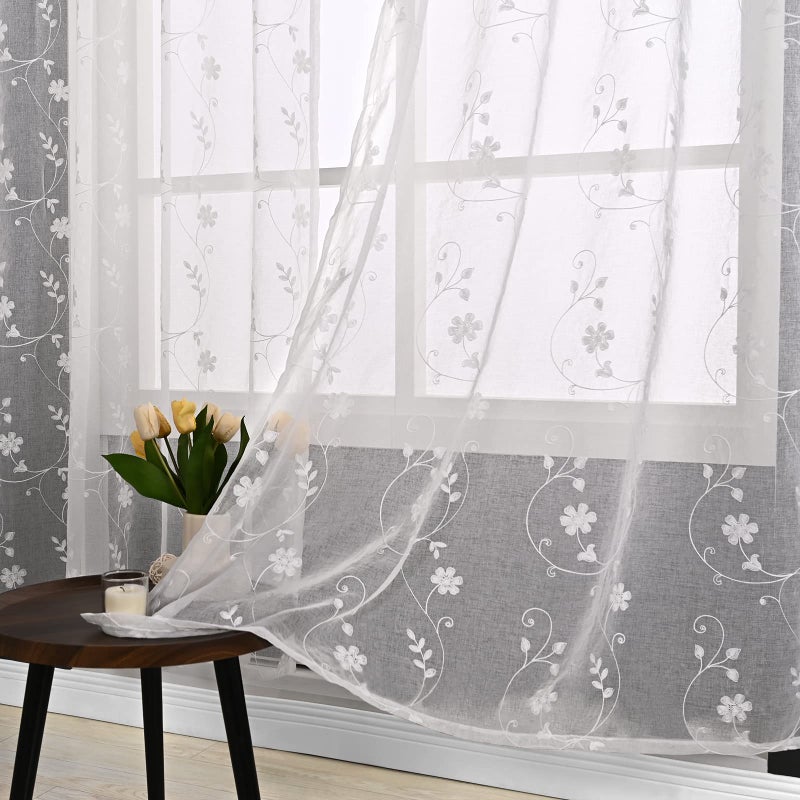YoungsTex 84 Inch Length Semi Sheer Curtains for Living Room 2 Panels - Rod Pocket White Drapes Light Filtering with Embroidered Lace Floral Rustic Window Treatments for Bedroom Dining, 52 X 84 Inch - Image 1